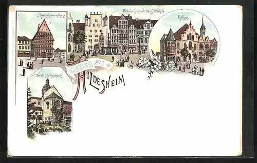 Lithographie Hildesheim, Knochenhaueramtshaus, Templerhaus und Haus Webekind