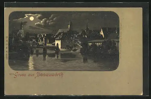 Mondschein-Lithographie Donauwörth, Flusspartie mit Kirche