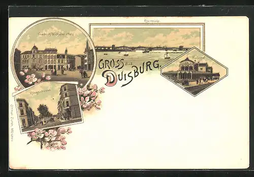 Lithographie Duisburg, Königsstrasse, Bahnhof, Friedrich Wilhelm-Platz