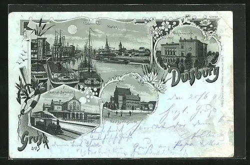 Mondschein-Lithographie Duisburg, Central-Bahhof, Hafen, Töchterschule