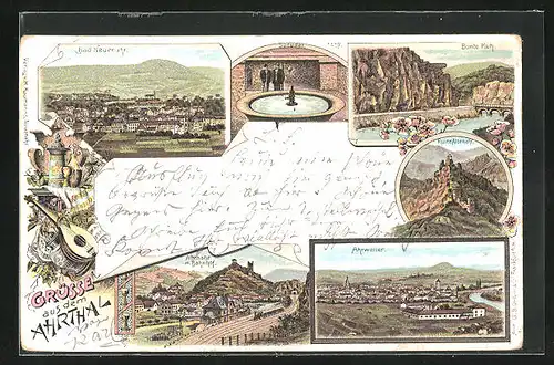 Lithographie Altenahr, Ortsansicht mit Bahnhof, Sprudel