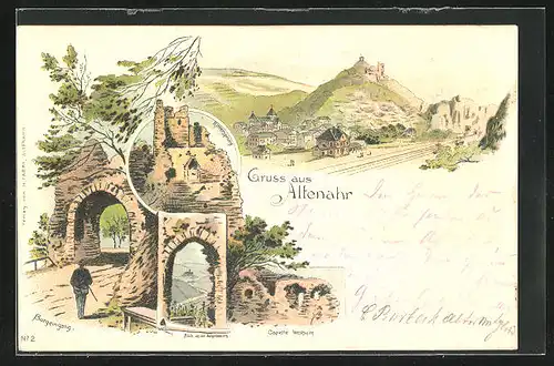 Lithographie Altenahr, Ortsansicht mit Bahnhof, Burgeingang, Capelle von der Westseite