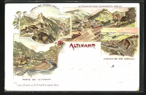 Lithographie Altenahr, Ortsansicht mit Bahnhof, Ahrtal vom weissen Kreuz