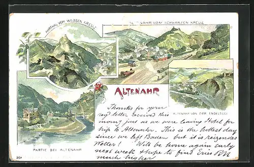 Lithographie Altenahr, Ortsansicht mit Bahnhof, Ortsansicht von der Engelslei
