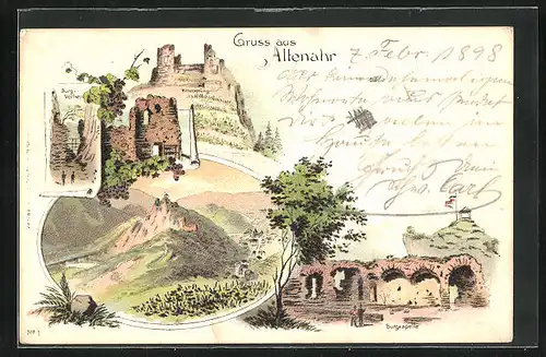 Lithographie Altenahr, Burgkapelle, Rittersprung, Burg-Verlies
