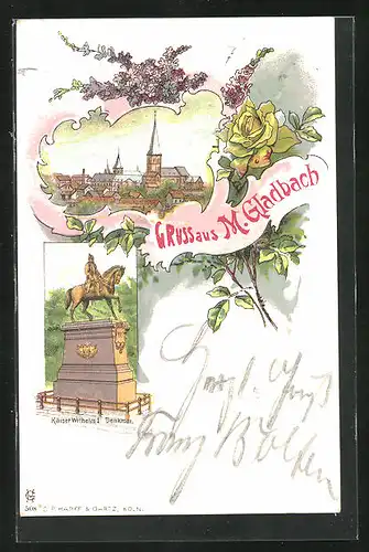 Lithographie Mönchengladbach, Kaiser Wilhelm I. Denkmal, Stadtansicht, Flieger und gelbe Rosen