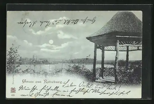 Mondschein-AK Ratzeburg, Uferpartie mit Pavillon