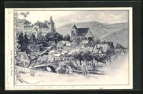 Künstler-AK Schleiden, Ortspartie mit Brücke