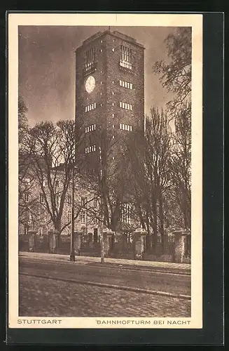AK Stuttgart, Bahnhofturm bei Nacht
