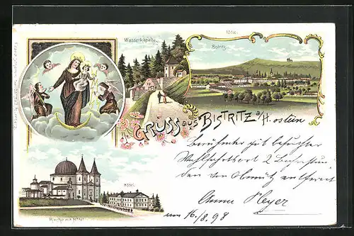 Lithographie Bistritz a. H., Kirche mit Hotel, Wasserkapelle