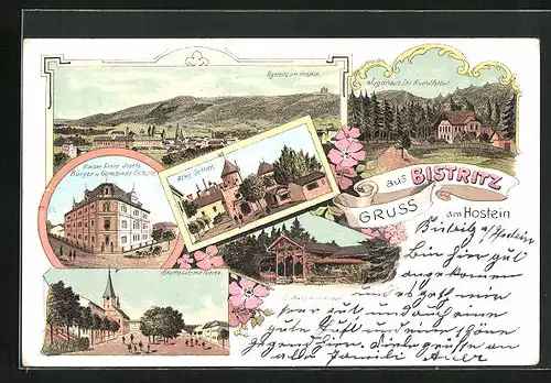 Lithographie Bystrice p. Hostynem / Bistritz am Hostein, Curhaus im Stadtpark, Stadtplatz mit Kirche