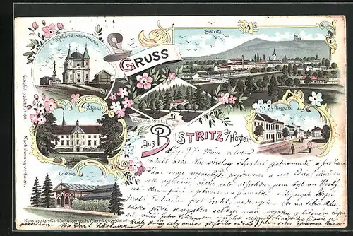 Lithographie Bystrice p. Hostynem / Bistritz am Hostein, Schloss, Curhaus, Ringplatz
