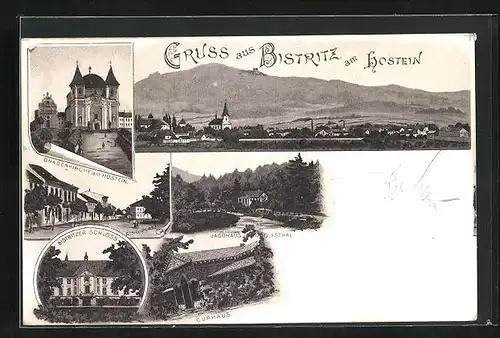 Lithographie Bystrice p. Hostynem / Bistritz am Hostein, Schloss, Jagdhaus im Rudolfsthal, Curhaus