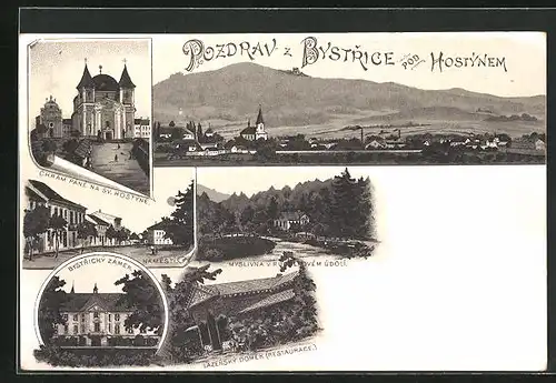 Lithographie Bystrice p. Hostynem / Bistritz am Hostein, Zámek, Lázensky Domek (Restaurant), Námesti, Panorama