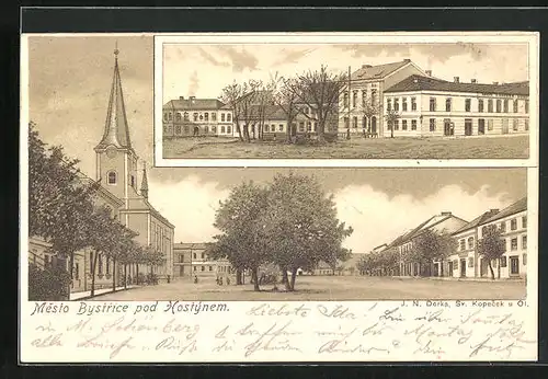 Lithographie Mesto Bystrice pod Hostynem, Námesti, Marktplatz mit Kirche