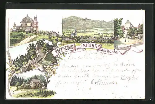 Lithographie Bystrice pod Hostynem / Bistritz am Hostein, Kirche, Strassenpartie im Ortskern, Ortsansicht