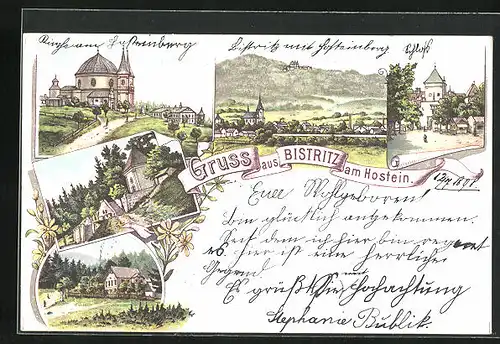 Lithographie Bystrice pod Hostynem / Bistritz am Hostein, Kirche, Strassenpartie im Ortskern, Panorama