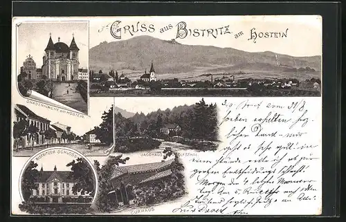 Lithographie Bystrice pod Hostynem / Bistritz am Hostein, Gnadenkirche, Strassenpartie im Ortskern, Jagdhaus Rudolfsthal