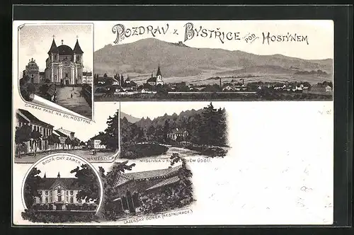 Lithographie Bystrice pod Hostynem / Bistritz am Hostein, Chrám Páne na sv. Hostyne, Lazensky Domek (Restaurace)