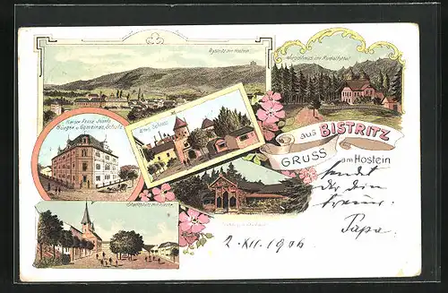 Lithographie Bistritz /Hostein, Curhaus im Stadtpark, Jagdhaus im Rudolfstal, Altes Schloss