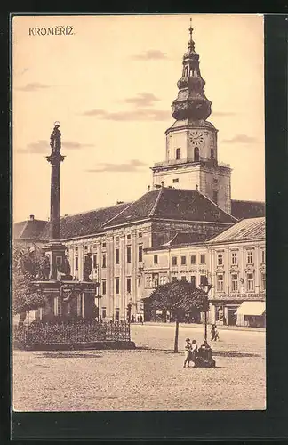 AK Bystrice pod Hostynem, Hauptplatz mit Mariensäule und Kirche