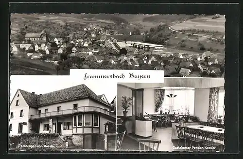 AK Frammersbach /Spessart, Ortsansicht aus der Vogelschau, Fremdenpension Kessler und Gastzimmer der Pension