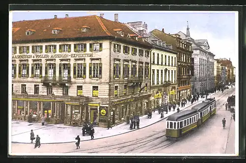 AK Karlsruhe, Marktplatz, Kaiserstrasse mit Strassenbahn