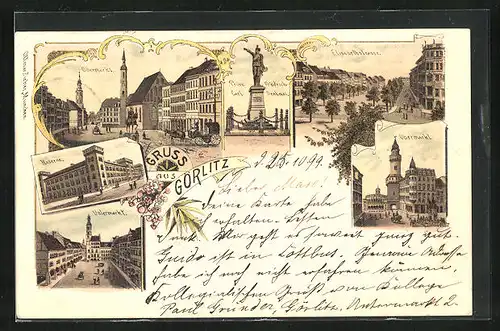 Lithographie Görlitz, Obermakt, Prinz Friedrich-Carl-Denkmal, Elsibathstrasse und Kaserne