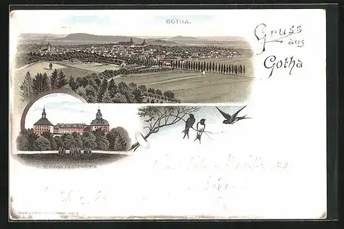 Lithographie Gotha, Panorama und Schloss Friedenstein