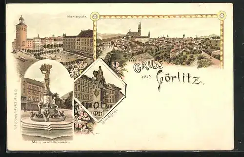 Lithographie Görlitz, Panorama, Marienplatz und Monumentalbrunnen