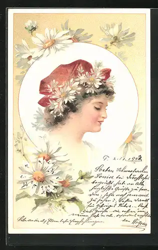 Lithographie Mädchenportrait mit Haube und Blumen, Jugendstil
