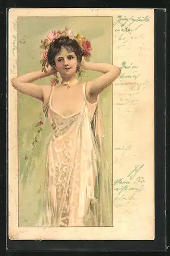 Lithographie Junge Frau im Frühlingskleid mit Blumengebinde, Jugendstil