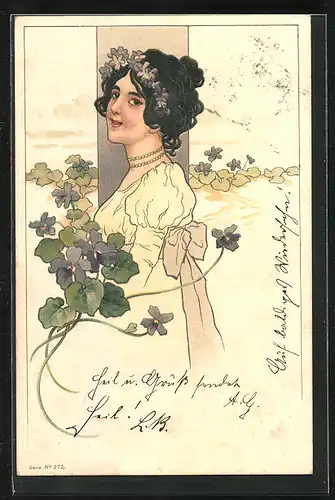 Lithographie Hübsche Dame mit Blumenschmuck, Jugendstil