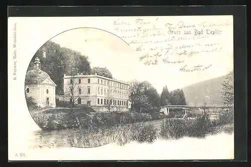 AK Bad Teplitz, Gebäudepartie an der Flussbrücke
