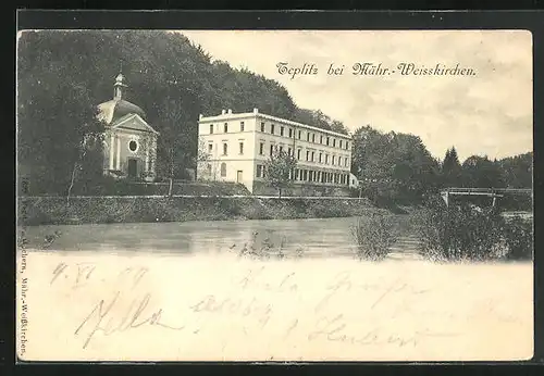 AK Bad Teplitz, Gebäudepartie am Flussufer