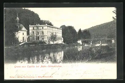 AK Bad Teplitz, Gebäudepartie an der Flussbrücke