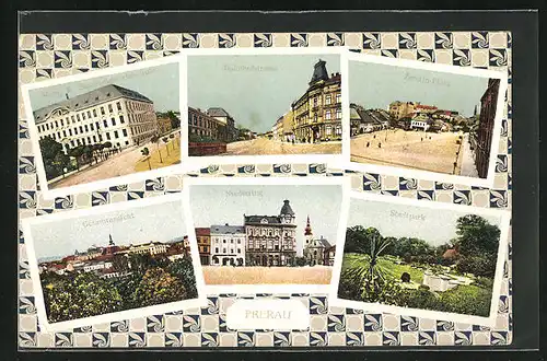 AK Prerau, Staats-Gewerbeschule, Bahnhofstrasse, Zerotin-Platz, Niederring
