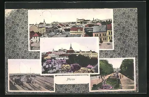 AK Prerov, Bahnhof, Parkidylle, Teilansichten
