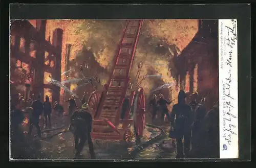 Künstler-AK Im Kampf mit den Flammen, Feuerwehr mit Leiter