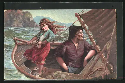 Künstler-AK Fischer mit Mädchen auf dem Boot