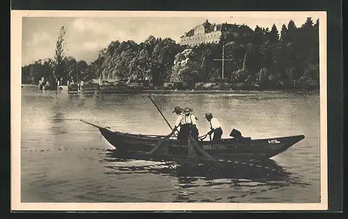 AK Insel Mainau, Fischerboot vor dem Schloss