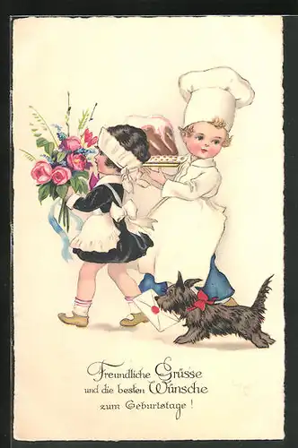 AK Bäcker mit Geburtstagskuchen, Dienstmädchen mit Blumenstrauss und Hund mit Liebesbrief