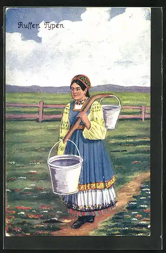 AK russische Bäuerin mit einem Wassertragejoch auf dem Feldweg