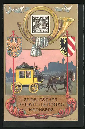 AK Nürnberg, 27. Deutscher Philatelistentag 1921, Postkutsche, Ganzsache
