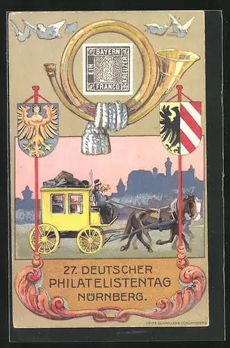 AK Nürnberg, 27. Deutscher Philatelistentag 1921, Postkutsche, Ganzsache