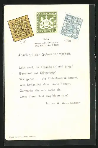 AK Abschied der Schwabenmarken, Marken aus den Jahren 1851, 1857 & 1869, Gedicht von W. Wdm.