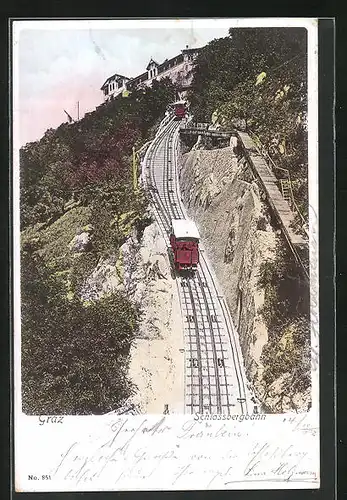 AK Graz, Schlossbergbahn auf der Fahrt zur Station