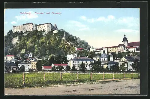 AK Salzburg, Nonntal mit Blick hinauf zur Festung
