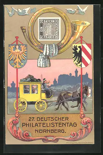 AK Nürnberg, Ganzsache, Ausstellung, Posthorn mit Briefmarke, 27. Deutscher Philatelistentag