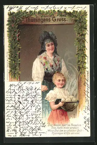 Lithographie thüringische Tracht, Mutter in Tracht mit Tochter und einer Schüssel thür. Klösse